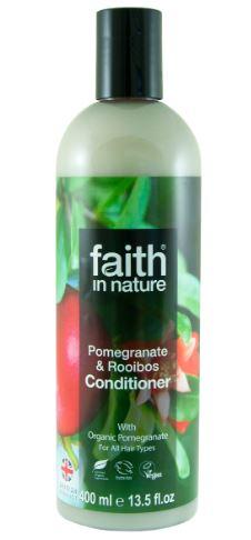 A clear plastic bottle and black cap. Label has photo of red pomegranate fruits and green leaves. Label shows faith in nature pomegranate and rooibos condtitioner