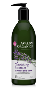 green plastic bottle with black pump cap. White label showing picture of purple lavender. Label reads Avalon Organics Lavender glycerin hand soap.