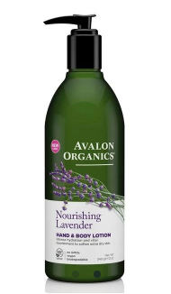 A green plastic bottle with black pump dispenser. Label shows lavender flowers and purple text Nourish lavender hand & Body lotion. Avalon Organics in white.