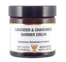 brown glass jar with black cap, white label showing amphora lavender and chamomile barrier cream