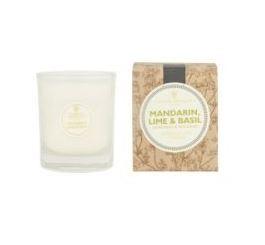 ivory candle in clear glass pot with natural brown gift box labelled amphora mandarin and basil