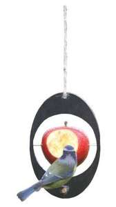 Black oval shaped hanging bird feeder with wooden perch