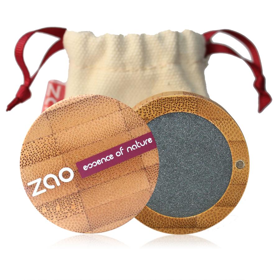 pearly effect eyeshadow metal grey colour in open bamboo pot, natural cotton pouch shown behind, label shows zao
