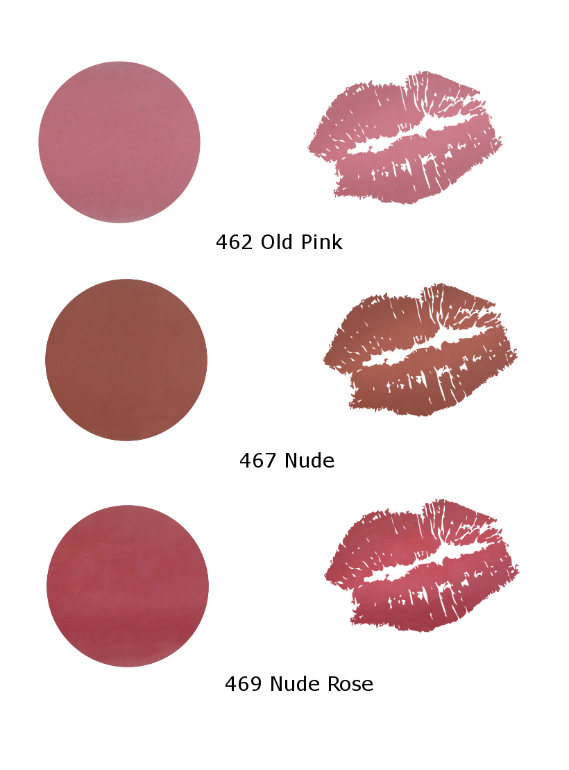 sample chart of 3 matt lipstick shades, circle sample and lip print sample, 462 old pink, 467 nude, 469 nude rose