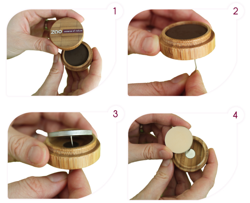 four step by step picture instructions of a bamboo compact case being opened and old powder removed and replaced with refill.