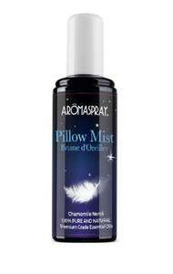black plastic bottle with tall white cap, label image of a white floating feather. Bottle shows Aromaspray pillow mist.