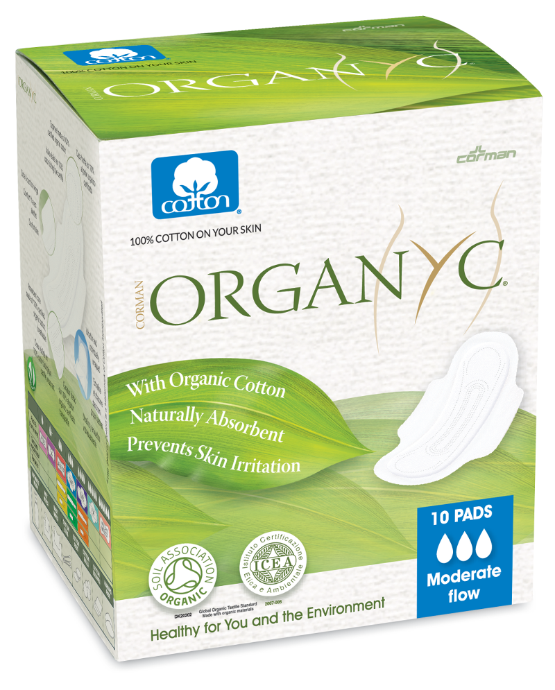 green and white box packaging of 10 Organyc pads, moderate day