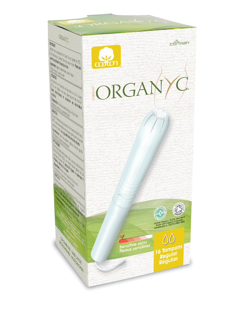 green and white box packaging displaying image of applicator tampon.  Label shows Organyc