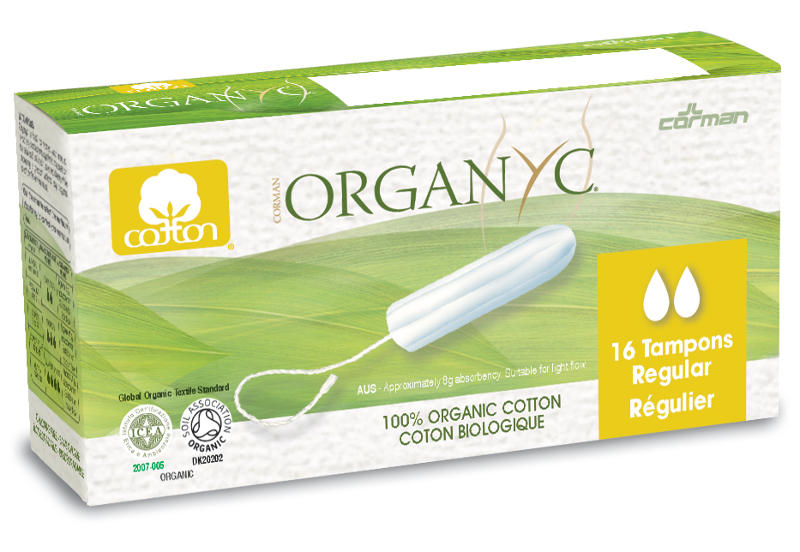 white and green box packaging showing cotton tampon, yellow label indicator to show light flow. Label shows Organyc.