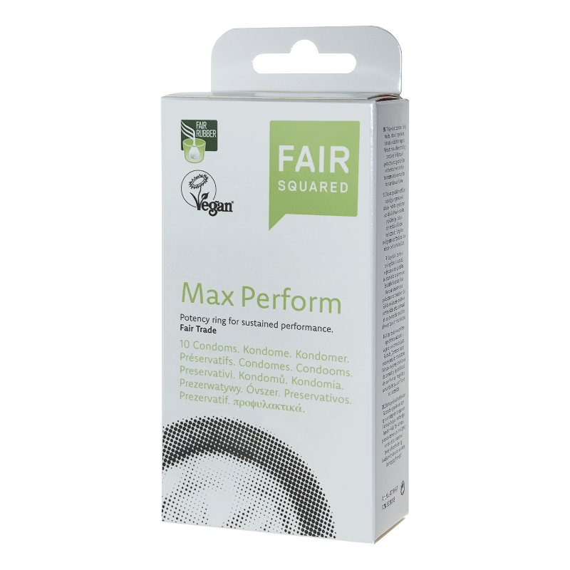 White box with black and white image of a condom, label shows fair squared max perform vegan condoms.