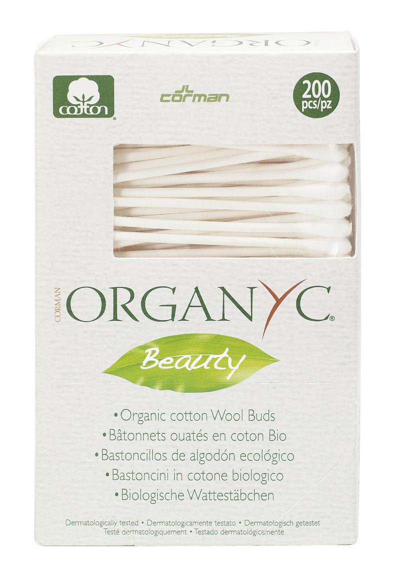 white and green box packaging with window displaying cotton buds. Label shows Organyc beauty cotton wool buds