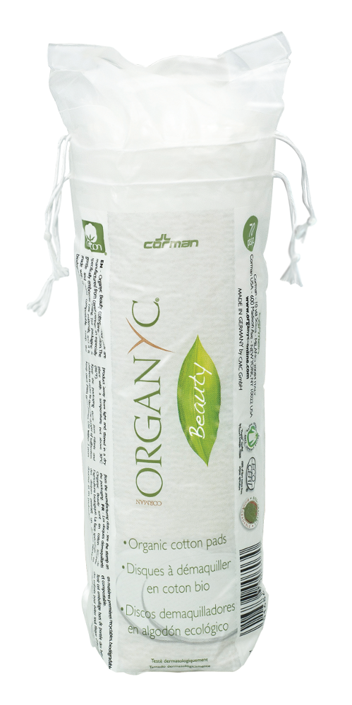 A clear biodegradable bag with 70 organic cotton wool round pads, label shows Organyc
