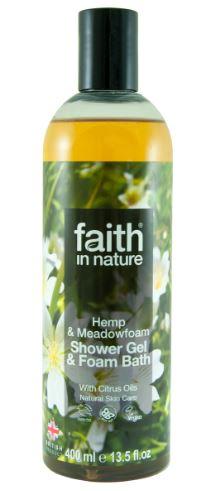 A clear plastic bottle with black cap. Label has photo image of white meadowfoam flowers. Label shows faith in nature hemp and meadowfoam shower gel