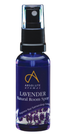 A small dark blue glass bottle with black atomiser top and clear cap. Blue labelling shows Absolute aromas lavender room spray.