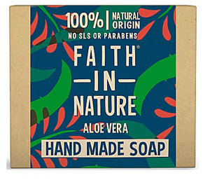 A natural brown card rectangle soap box with illustrated blue background and red and green leaves, showing faith in nature organic aloe vera soap.