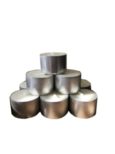 A stack of tea lights, white wax in silver aluminium candle cups.