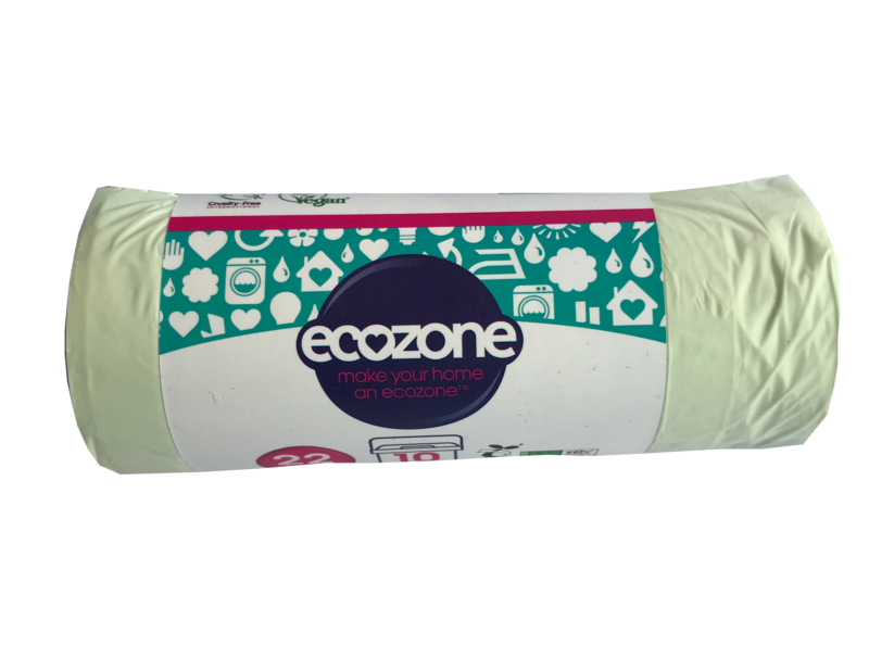 A small roll of pale green bags with wrap around paper band label showing ecozone.