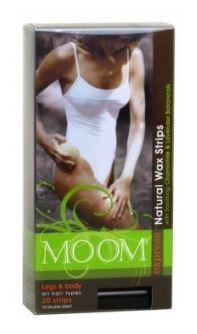 cllear plastic box with paper inlay showing Moom express Natural wax strips with chamomile and lavender for legs and body
