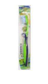 Green and blue toothbrush in clear packet backed with card, labelling shows yaweco soft nylon