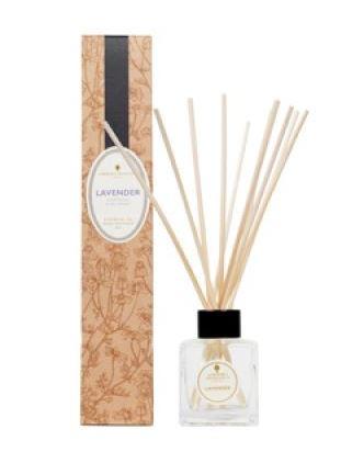 natural brown decorated box and clear glass bottle with ratten reeds labelled amphora lavender reed diffuser