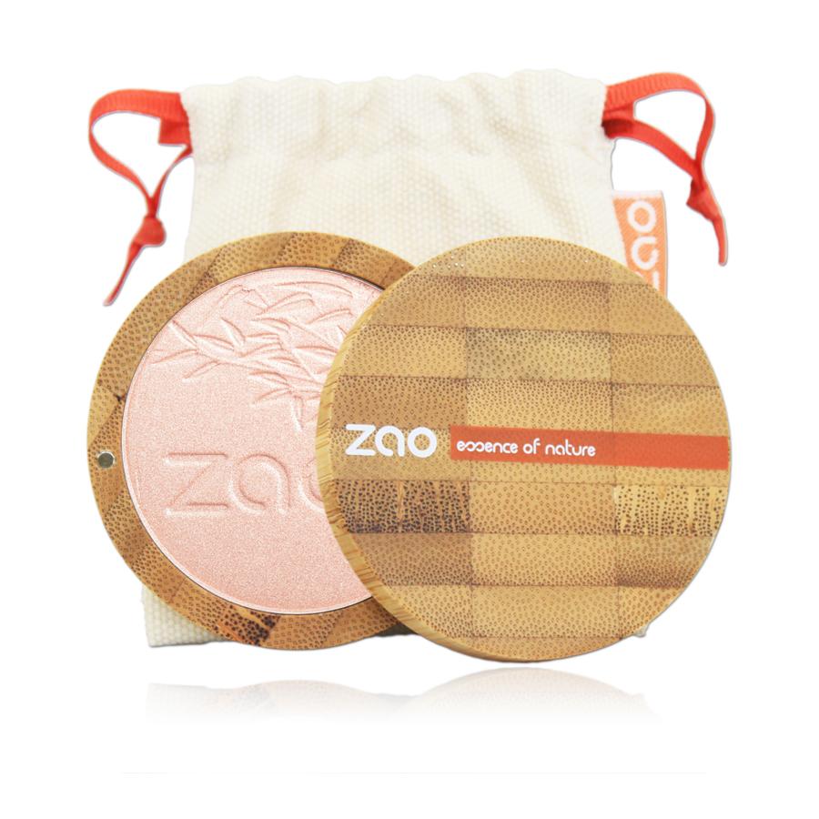 open bamboo powder compact showing pink compact powder with natural white pouch behind, label shows Zao