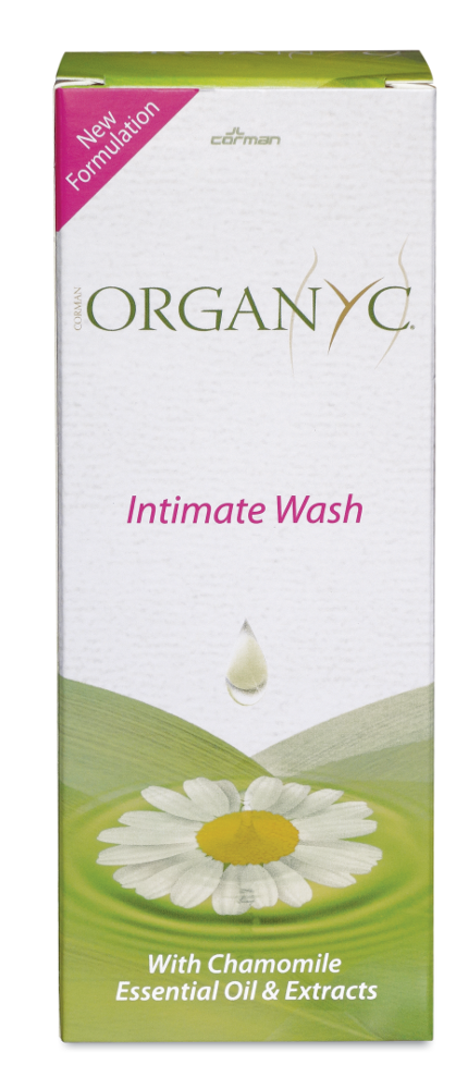 white and green box with image of chamomile flower label shows organyc intimate wash