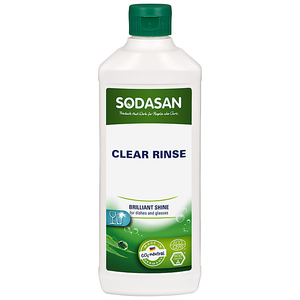 White plastic bottle with dark green cap. Green label shows sodasan in white, clear rinse in black