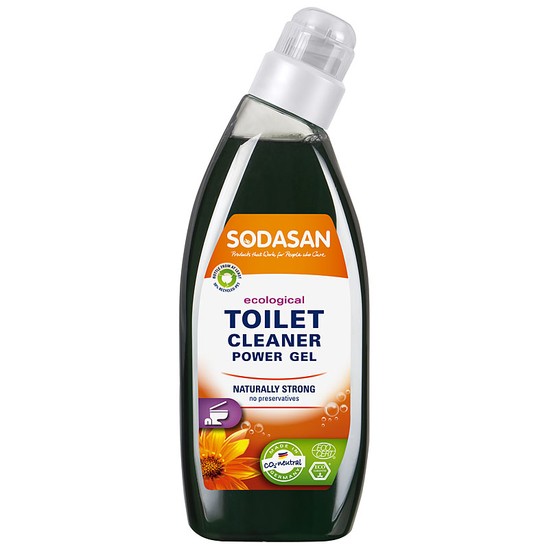 Clear plastic bottle containing dark green toilet cleaning gel.  Orange label shows sodasan toilet cleaner power gel