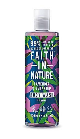 clear bottle with white cap. Dark green label decorated with purple and green leaves. Label shows faith in nature body wash lavender and geranium.