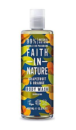 Clear plastic bottle with white cap. Decorative  dark green label with images of orange and yellow circles and green leaves. label shows faith in nature grapefruit and orange body wash