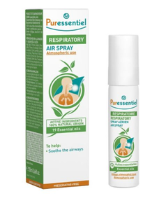 white card box packaging with green and orange labelling showing puressentiel respiratory air spray.  White metal atomiser spray bottle with green cap.