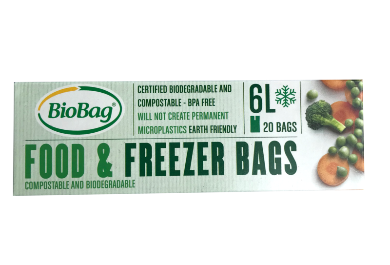 A green and white coloured rectangular box, with green text showing biobag food and freezer bags.