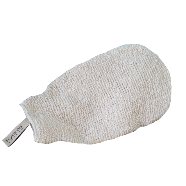 A cream textured fabric cleansing mitten showing fabric tag label Hydrea.