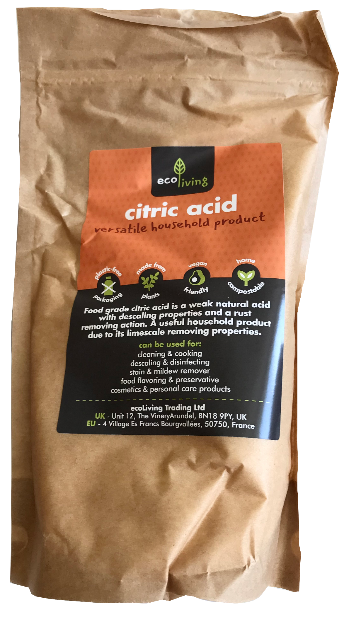 Natural Brown kraft paper bag with orange labelling showing citric acid