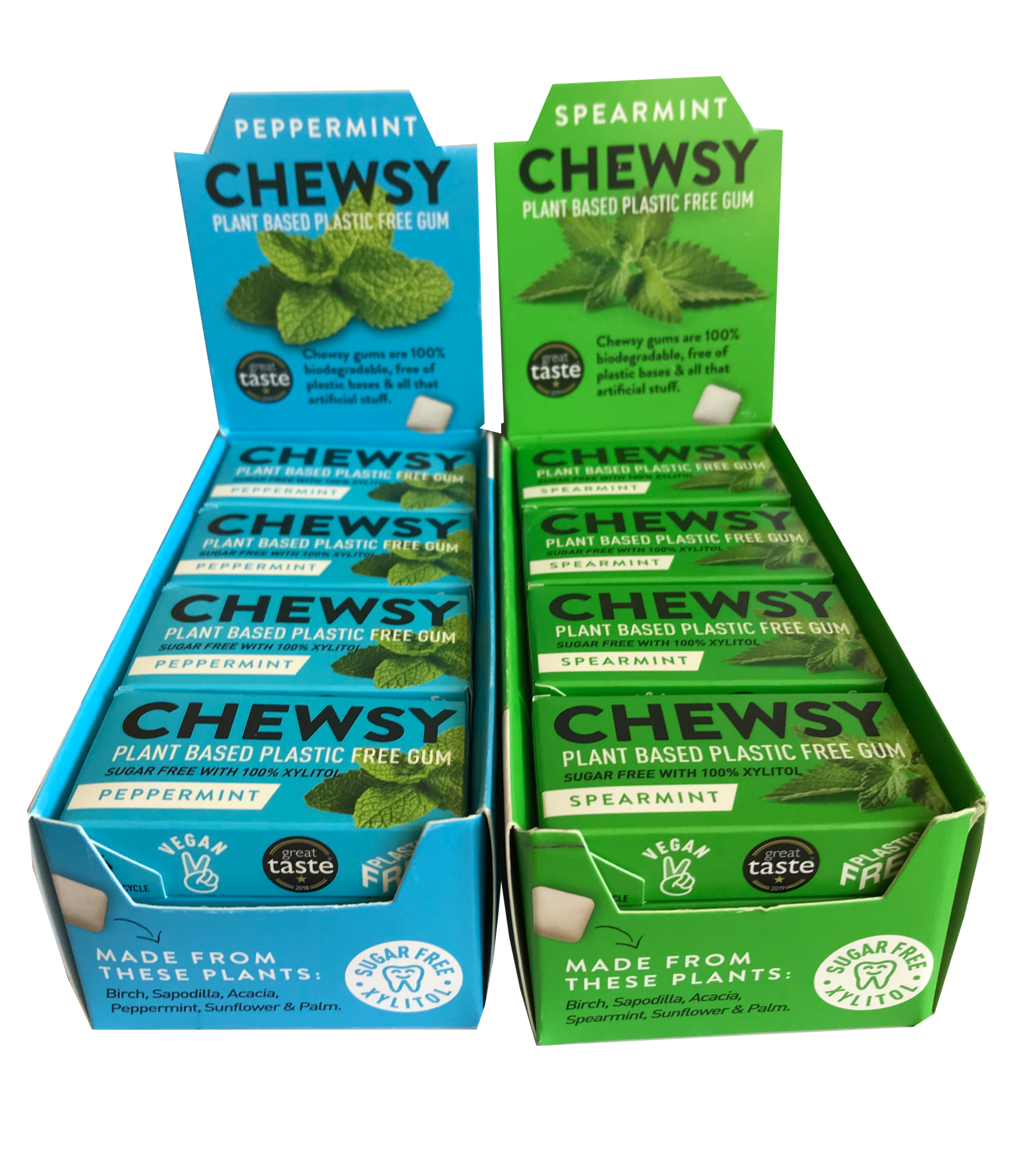 two cardboard display boxes one in bright green labelled chewsy spearmint, one bright blue labelled chewsy peppermint. Display boxes contain box packets of gum in bright green spearmint or bright blue peppermint
