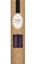 natural cardboard sleeve with brown flower decor, film window displaying purple sticks, label shows lavender and sage incense sticks