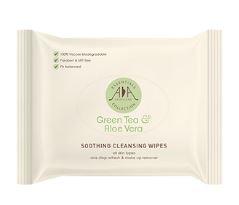 cream packet with pale green labelling showing AA green tea and aloe vera cleansing wipes