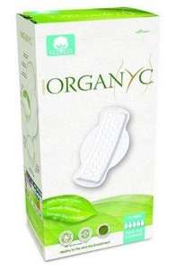 green and white box packaging showing winged sanitary pads, label shows organyc.