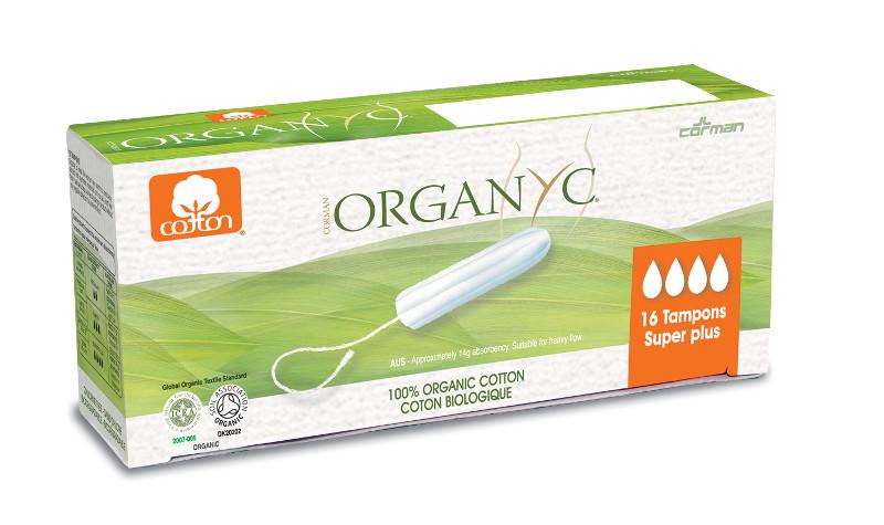 Green and white box packaging showing cotton tampon. Orange indicator of 4 white drops to show super plus absorbency, labels show Organyc