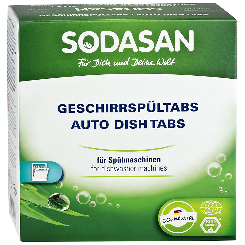 Green and white cardboard box packaging, label shows Sodasan auto dish tabs