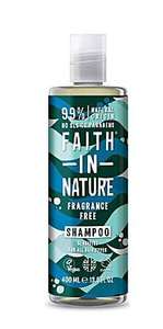 clear bottle and cap. Blue label decorated with blue leave images. label shows faith in nature fragrance free shampoo.