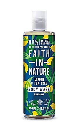 clear plastic bottle and cap. Decorative dark green label with yellow lemon and green leaf images. Label shows faith in nature lemon and Tea Tree body wash.