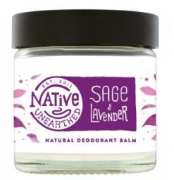 A clear glass jar with black lid. White balm contents. White label with purple text showing native unearthed sage and lavender deodorant balm.