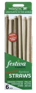 A green and white card box packaging with an image of 6 bamboo straws. Label shows maistic bamboo straws.