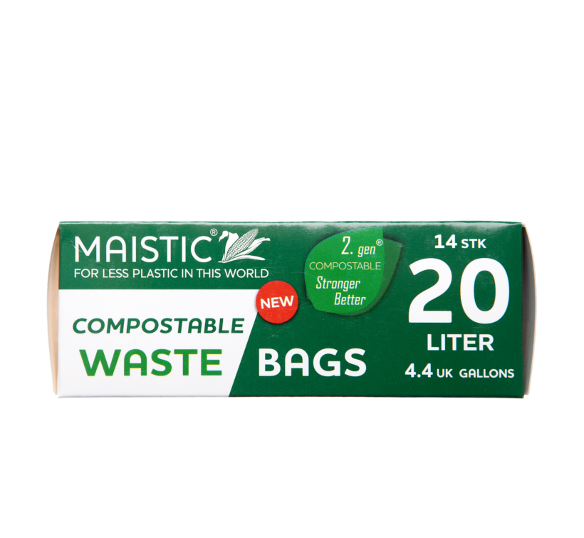 A green and white card box, showing 20ltr maistic compostable waste bag.