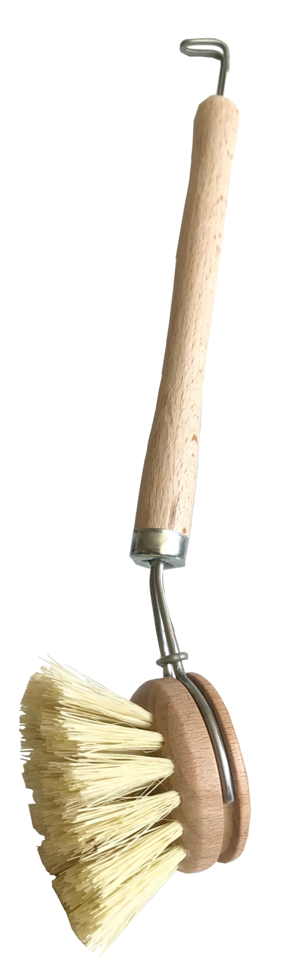 natural wood dishwashing brush with round head and cream natural bristles. Stainless steel hook on long wooden handle