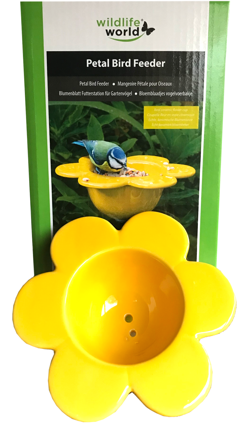 yellow ceramic flower bird feeder top, displayed against box packaging.