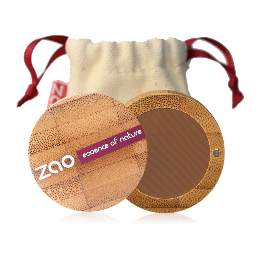 Ash Blond eyebrow powder shown in open bamboo compact case, natural cotton pouch behind, label shows Zao.