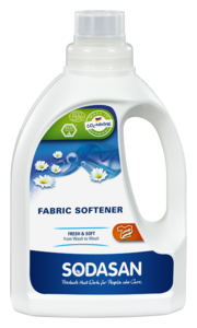 White plastic bottle with handle,blue and white label showing sodasan fabric softener