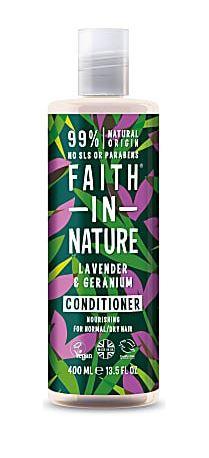 A clear plastic bottle with white cap. Patterned label of purple and green leaves on a black background. Label shows faith in nature lavender and geranium hair conditioner.